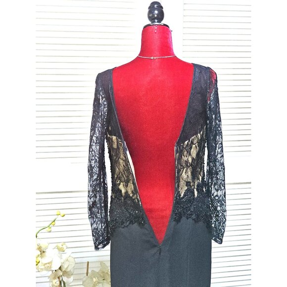MGNY Women Black Long Sleeve Lace & Beaded Gown Formal Evening Dress Sz 10 2580 - Picture 12 of 16